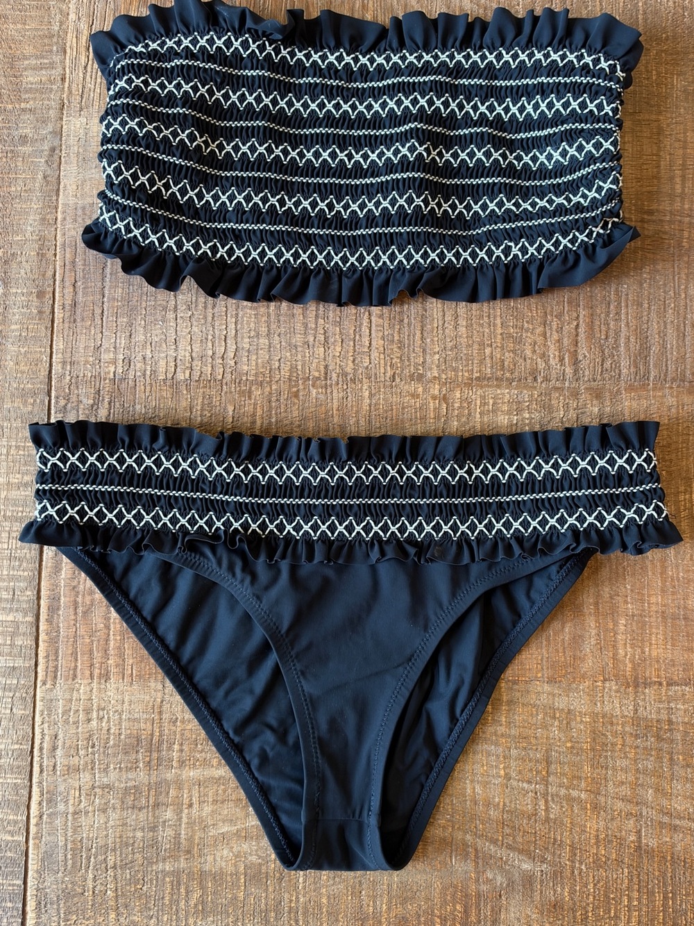 Tory Burch Black Bandeau Bikini with White Smocked Stitching